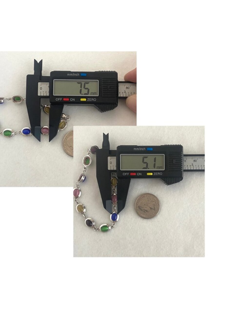 Sterling Silver 925 Multi Colored Oval Cats Eye Link Station Bracelet Sz 7.75" - Picture 10 of 16